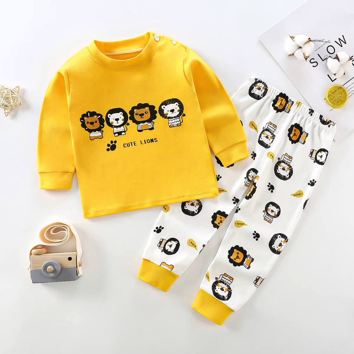 Children's Yellow Miniature Lions Print Outfit Set