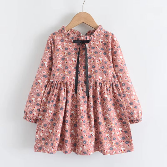 Pink Floral Print Ribbon Collar Dress