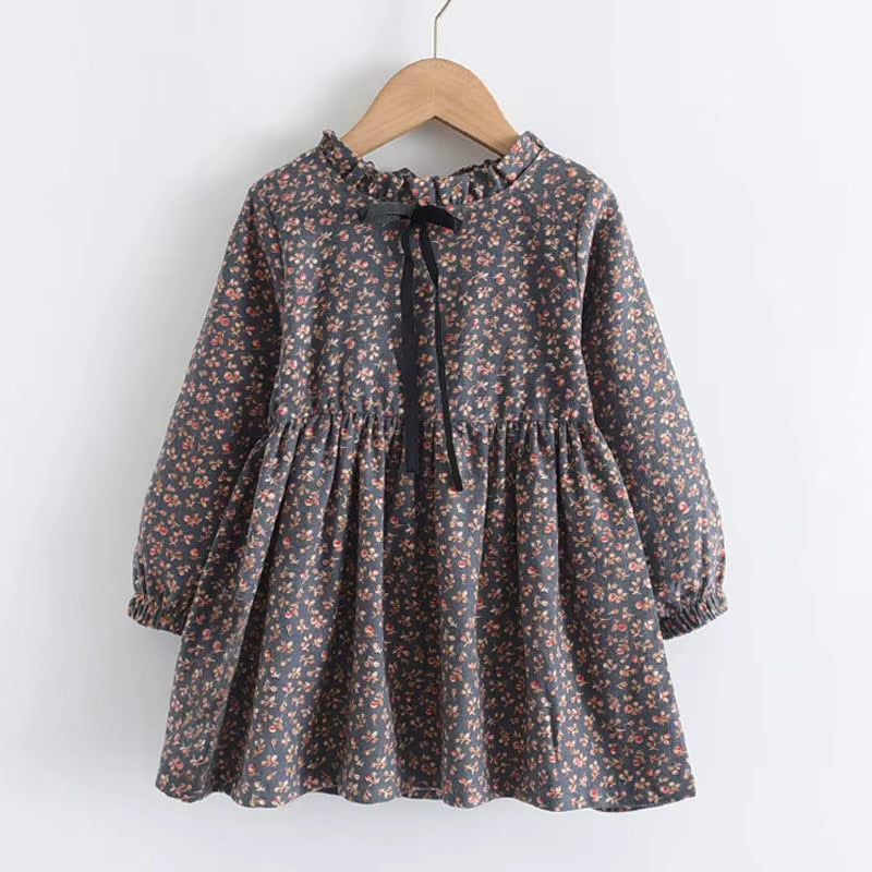 Grey Bow Collar Floral Print Dress