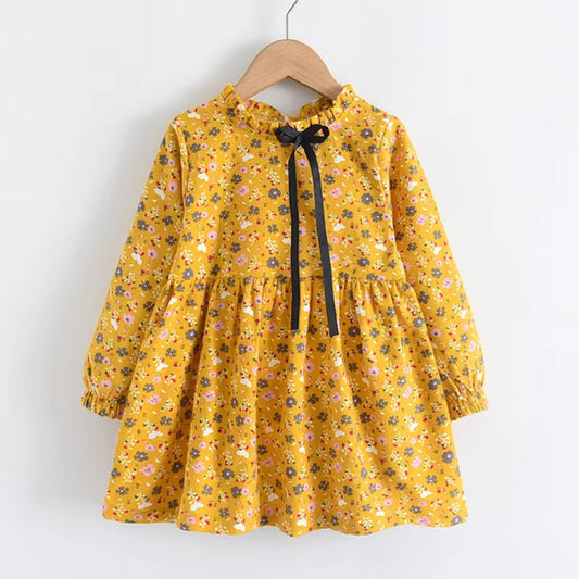 Honey Yellow Bow Collar Floral Print Dress