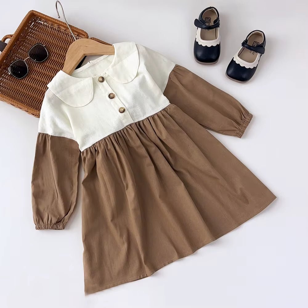 White and Brown Buttoned Neckline Dress